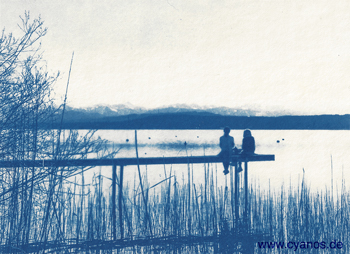 Cyanotypie Freundinnen am See, Ammersee, Steg